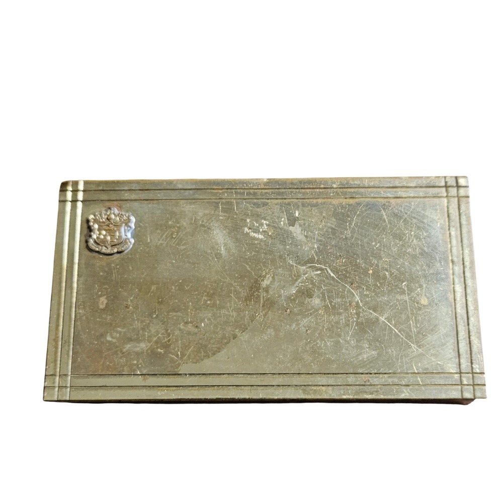 Vintage Neiman Marcus Brass Jewelry Trinket Box Crest Logo 6.5x3.5‎ 50s